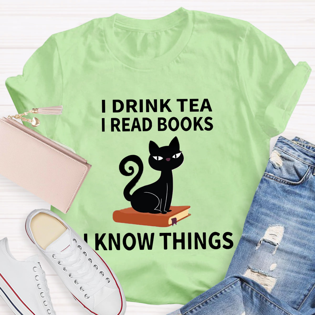 I Drink I Read Books I Know Thing Cute Cat T-Shirt