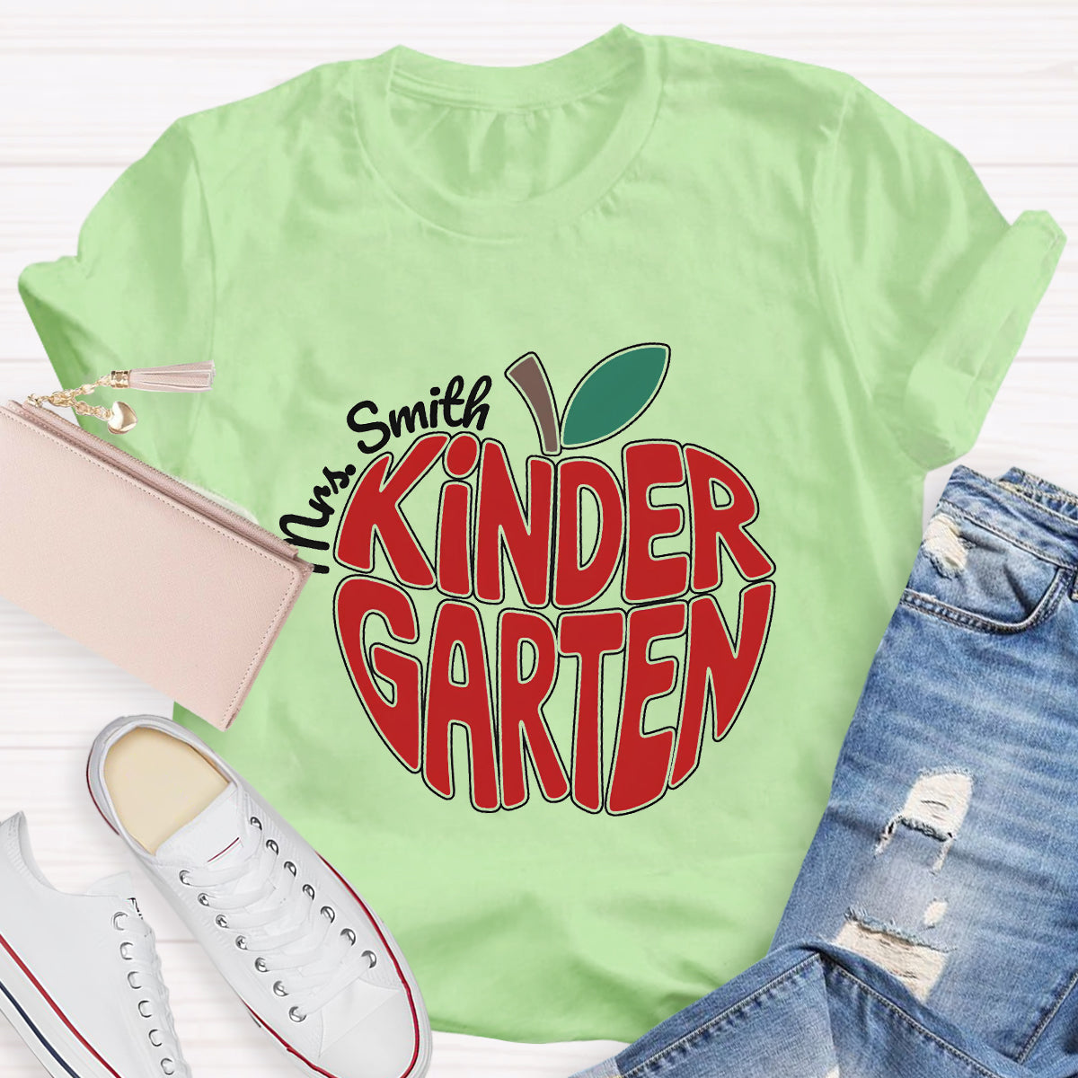 Personalized Kinder Garden Teacher Name Red Apple T-Shirt