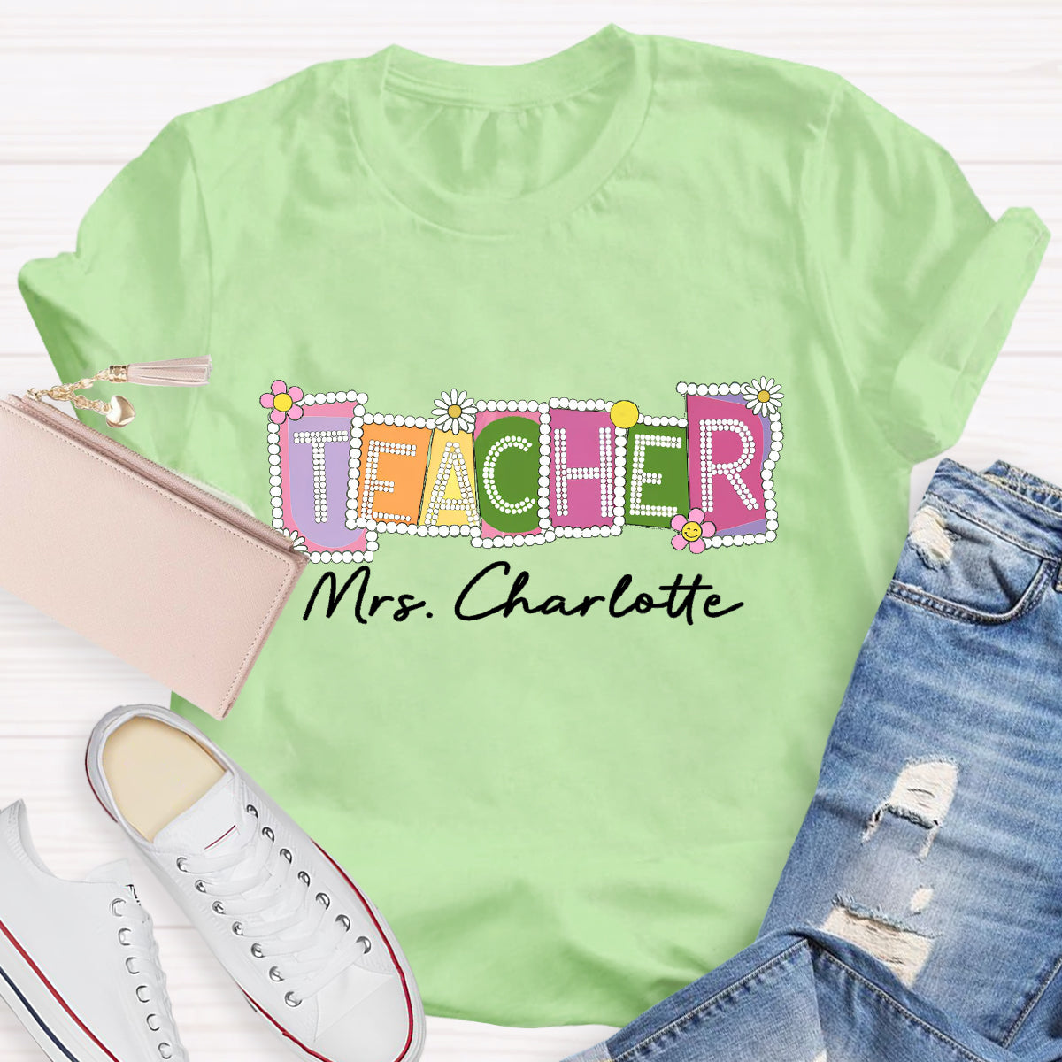 Personalized Teacher Name Contrasting Flowers T-Shirt