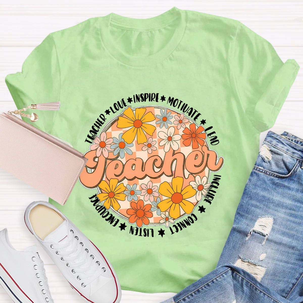 Love Motivate Inspire Floral Teacher T-Shirt