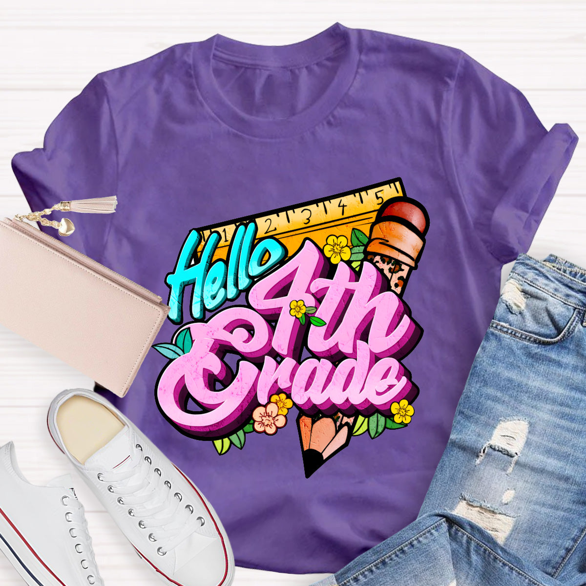 Personalized Grade Hello 4th Grade Back To School Teacher T-Shirt