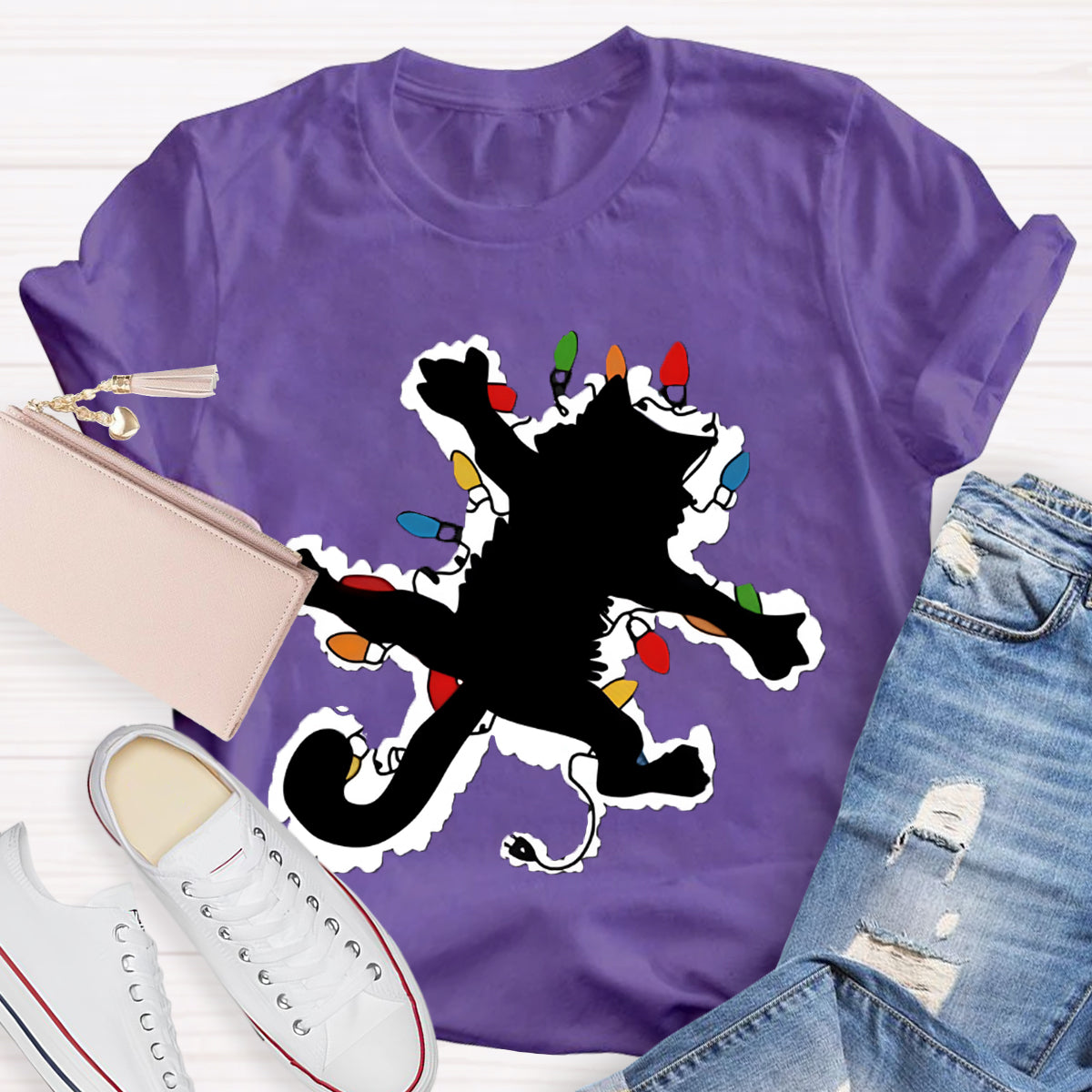 Pussy Cat And Lights Christmas T-Shirt