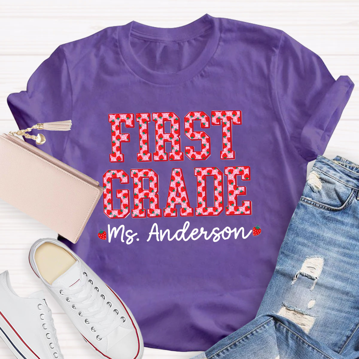 Personalized Grade And Name Strawberry Printed Teacher T-Shirt