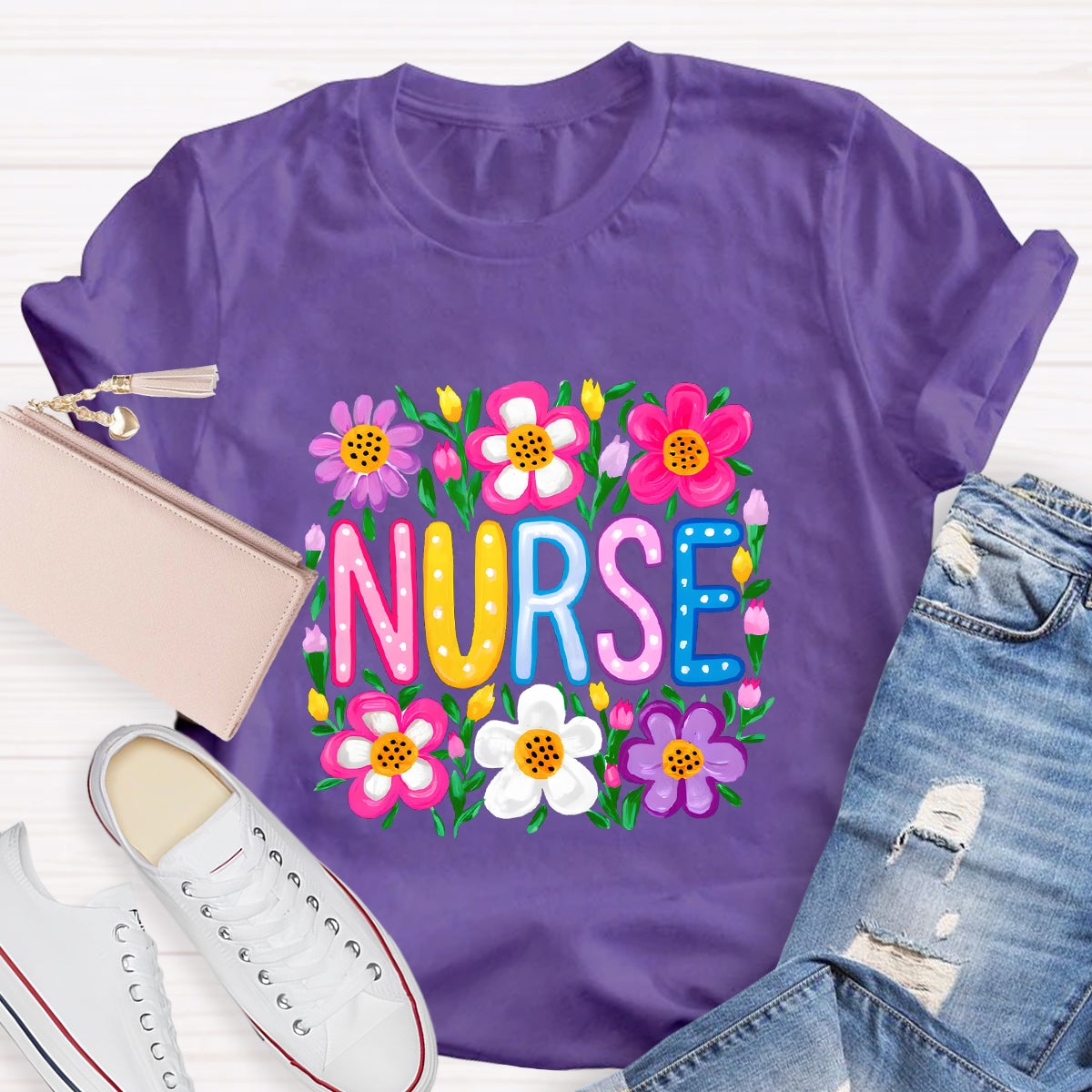 Floral School Nurse T-Shirt