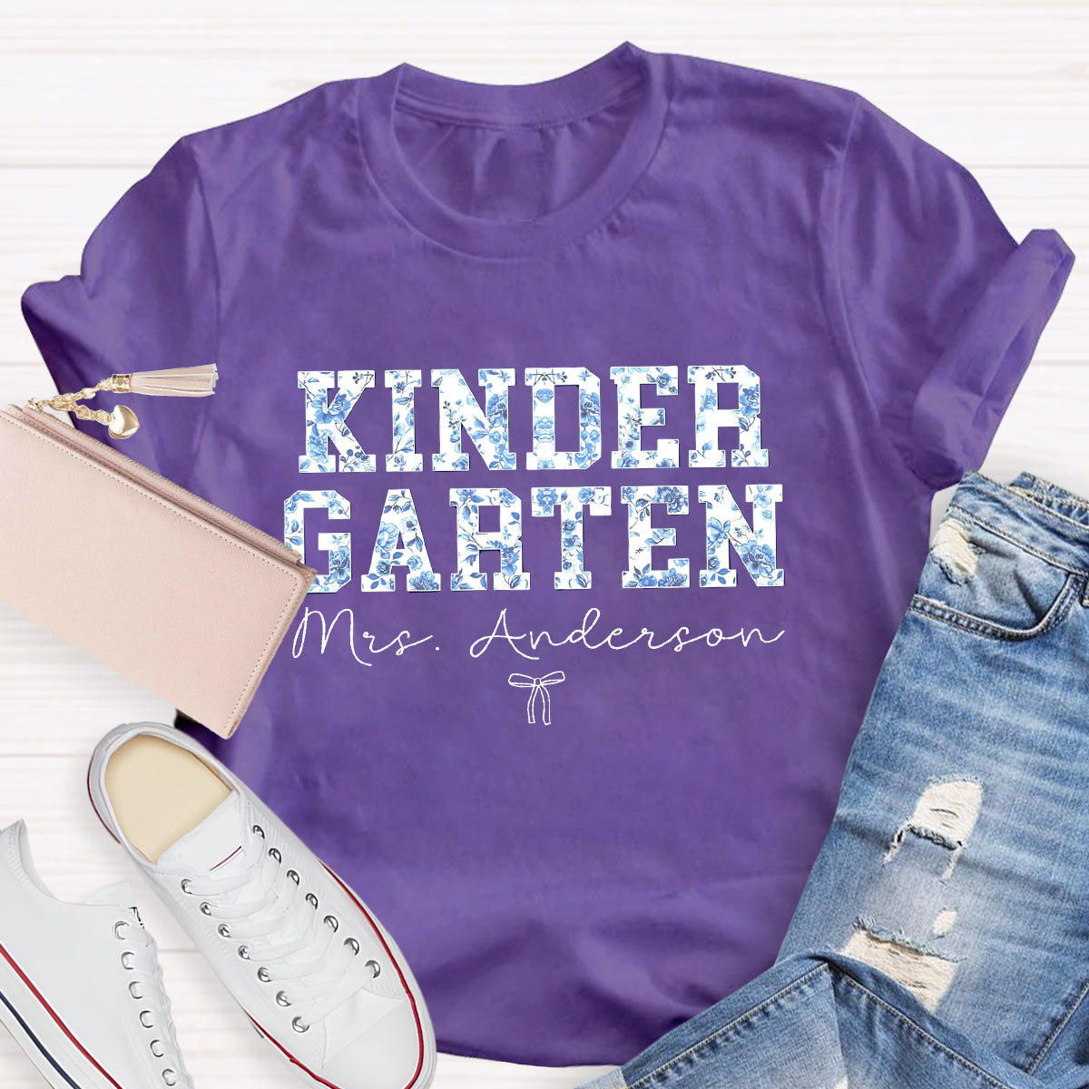 Personalized Kindergarten Teacher Name Blue Flower T-Shirt