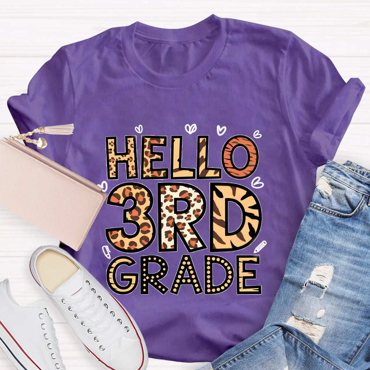 Personalized Grade Hello 3rd Grade Leopard Printed Teacher T-Shirt