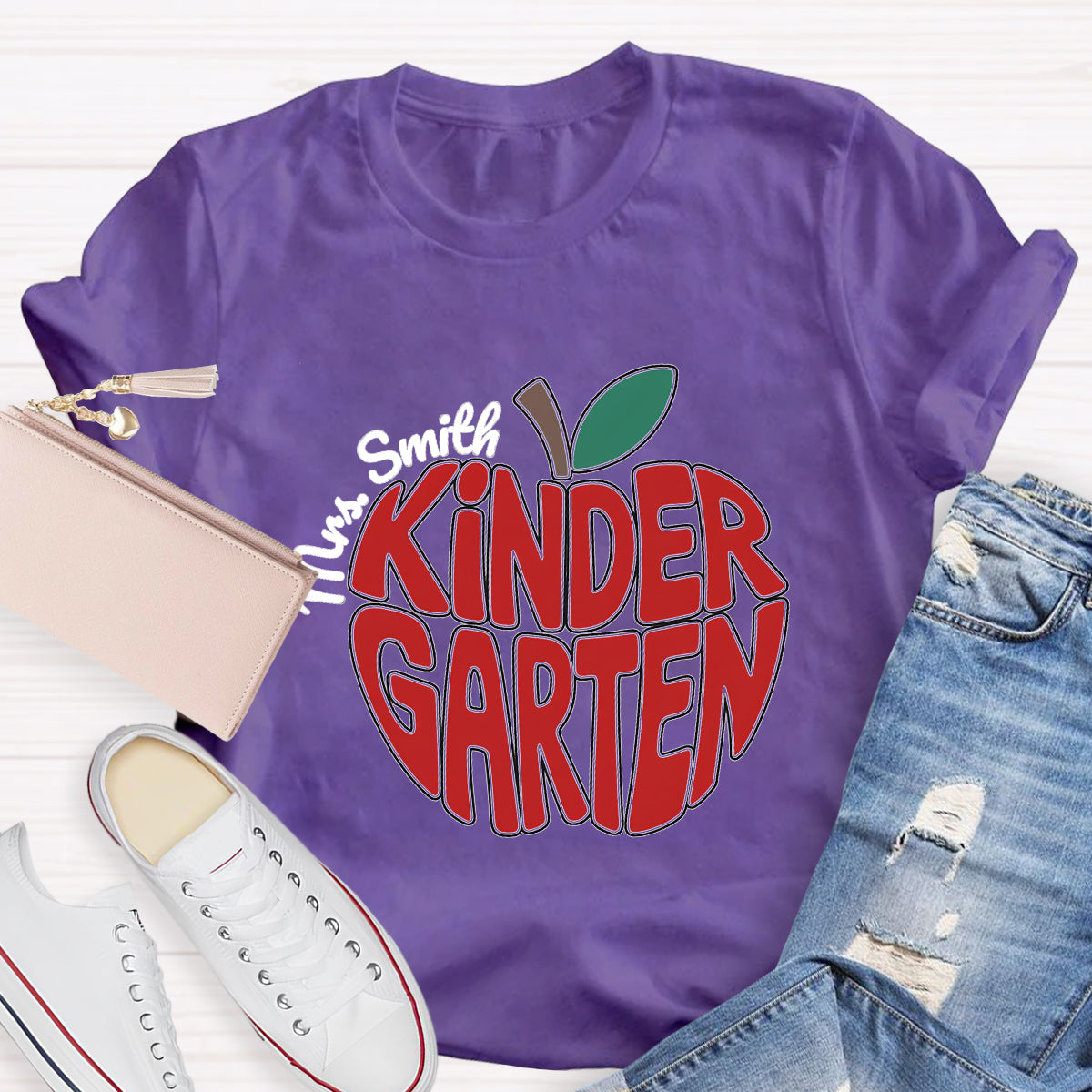 Personalized Kinder Garden Teacher Name Red Apple T-Shirt