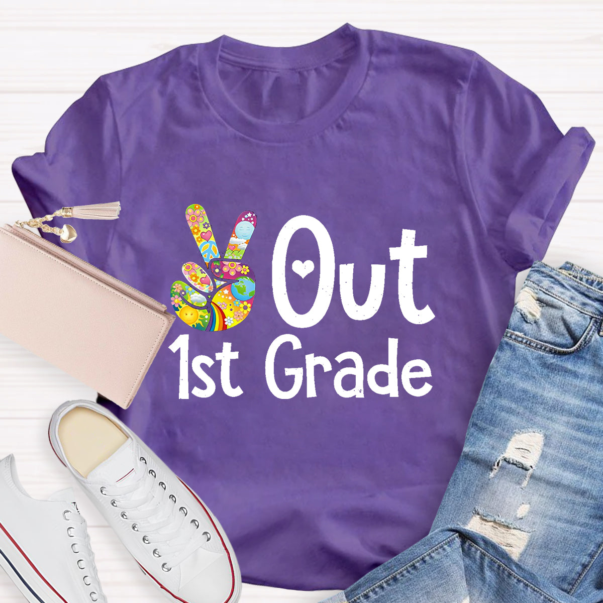 Personalized Grade Out 1st Grade Hand Signal Teacher T-Shirt