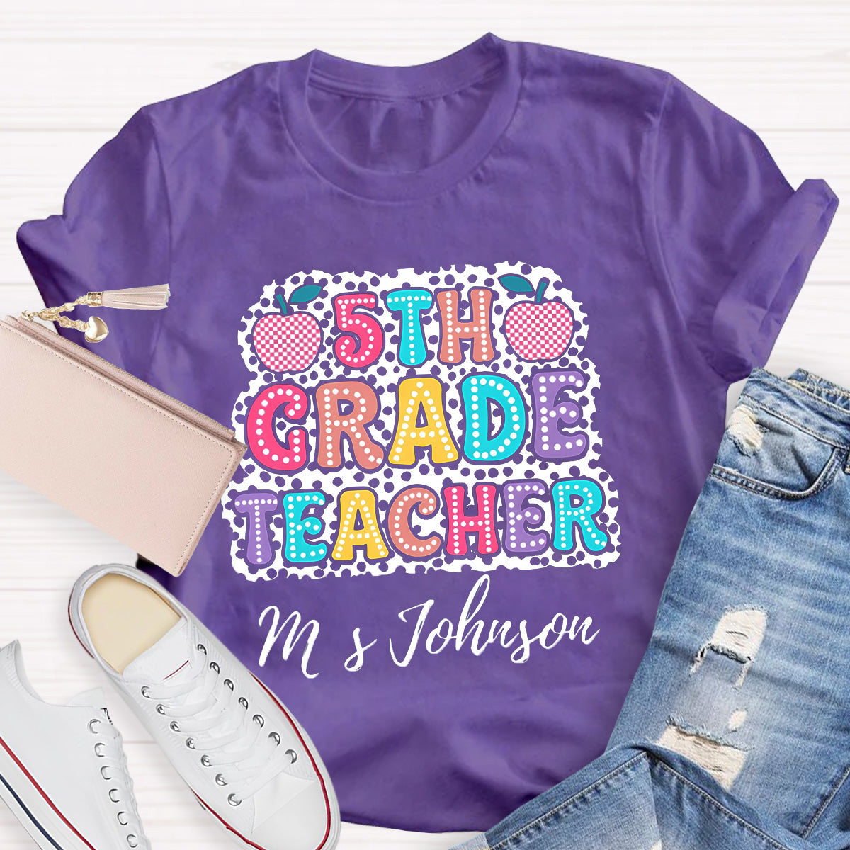 Personalized Name And Grade Checkerboard Apple Teacher T-Shirt