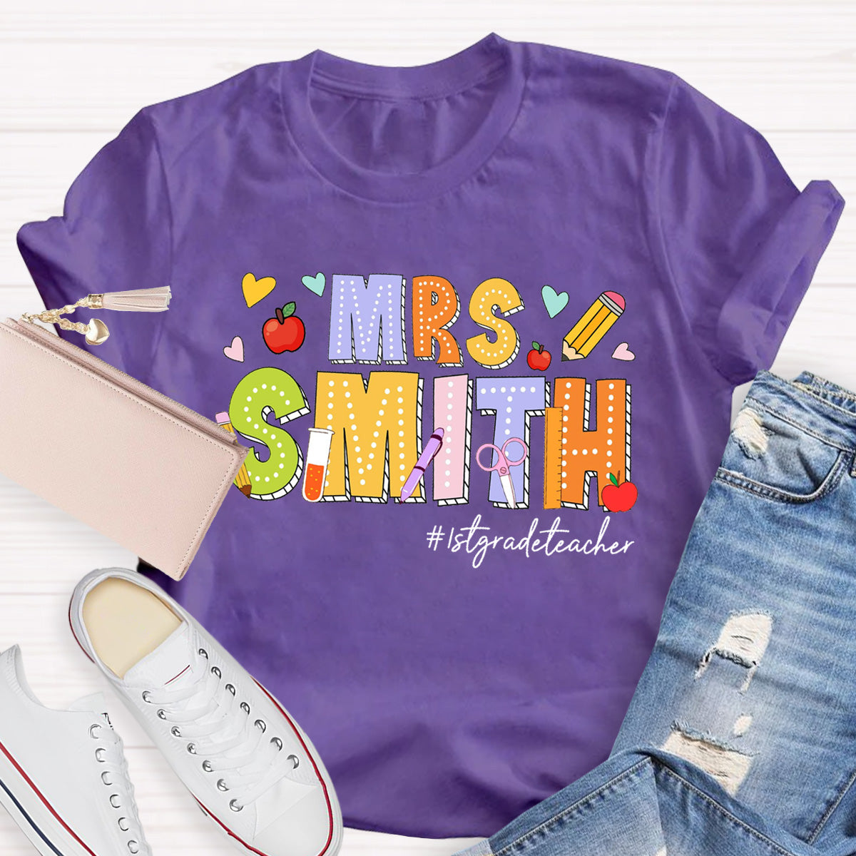 Personalized Name And Grade Heart Teacher T-Shirt