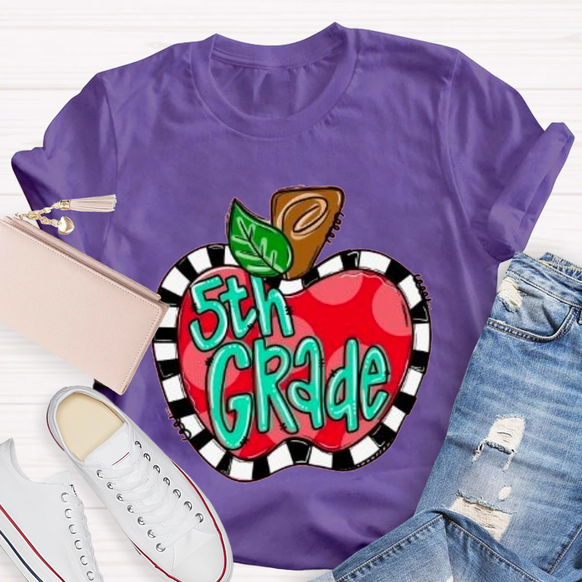 Personalized Grade Teacher Color Block Apple Printed T-Shirt