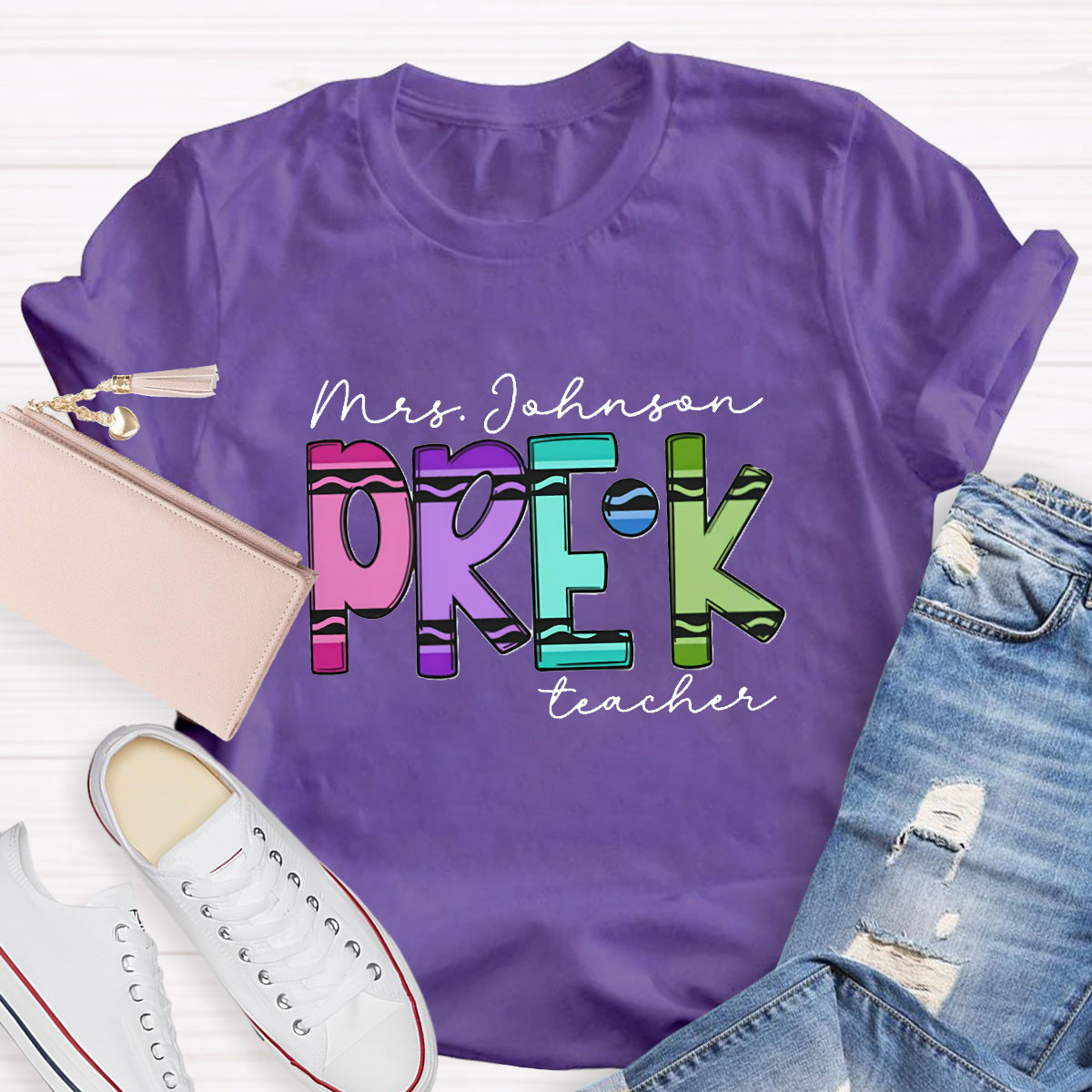 Personalized Grade And Name Crayon Teacher T-Shirt