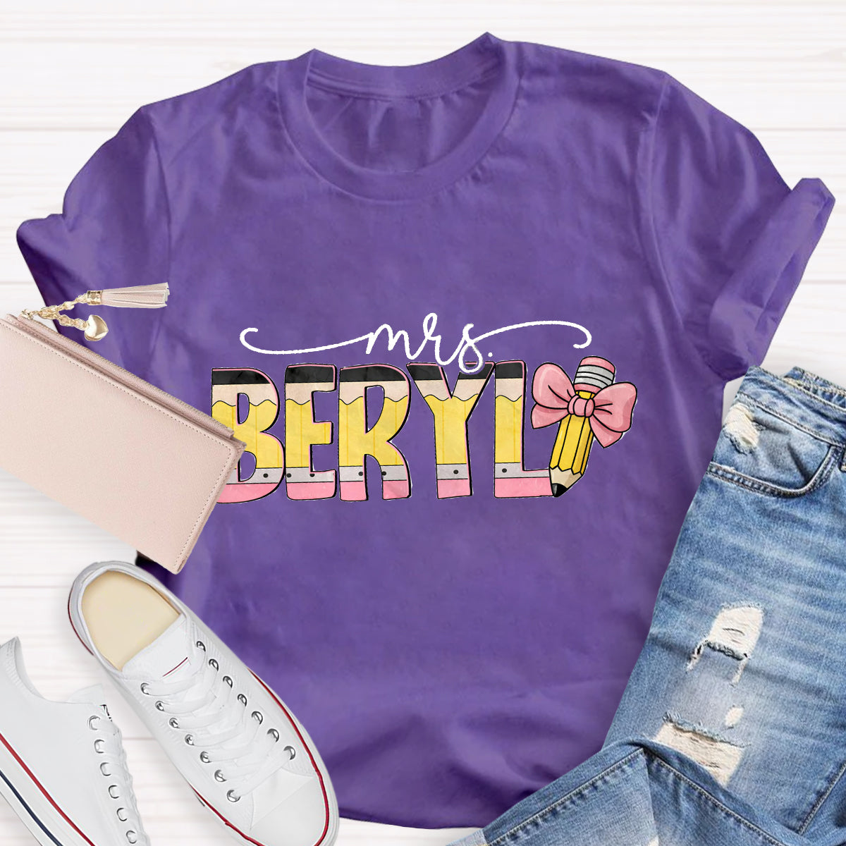 Personalized Teacher Name Pink Pencil T-Shirt