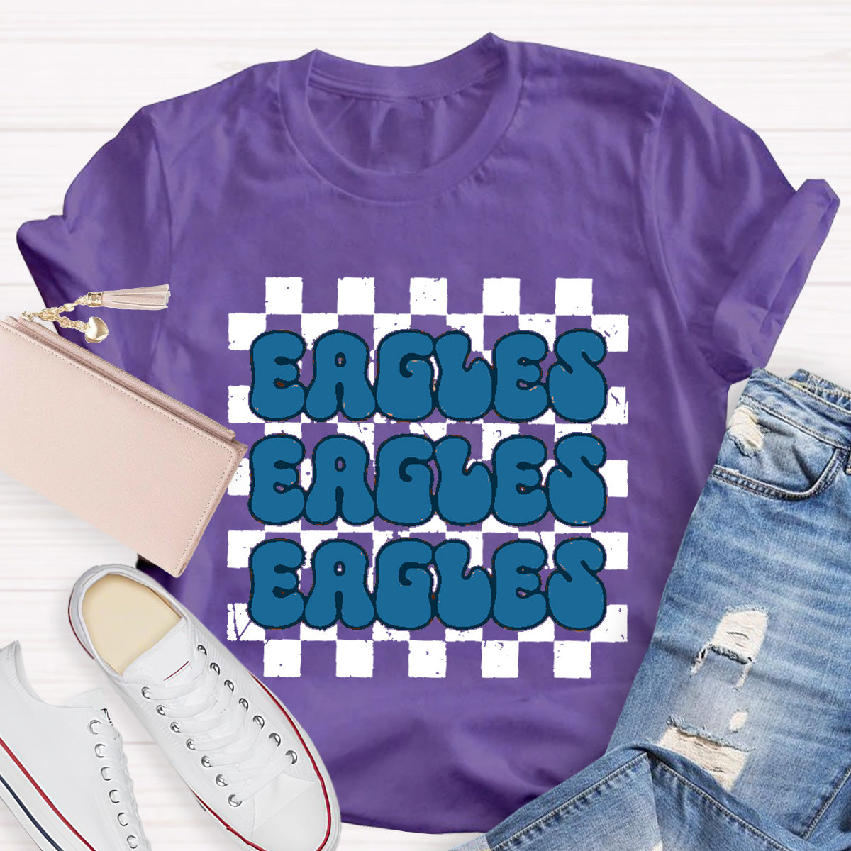 Personalized Mascot Eagles Chessboard pattern Teacher T-Shirt