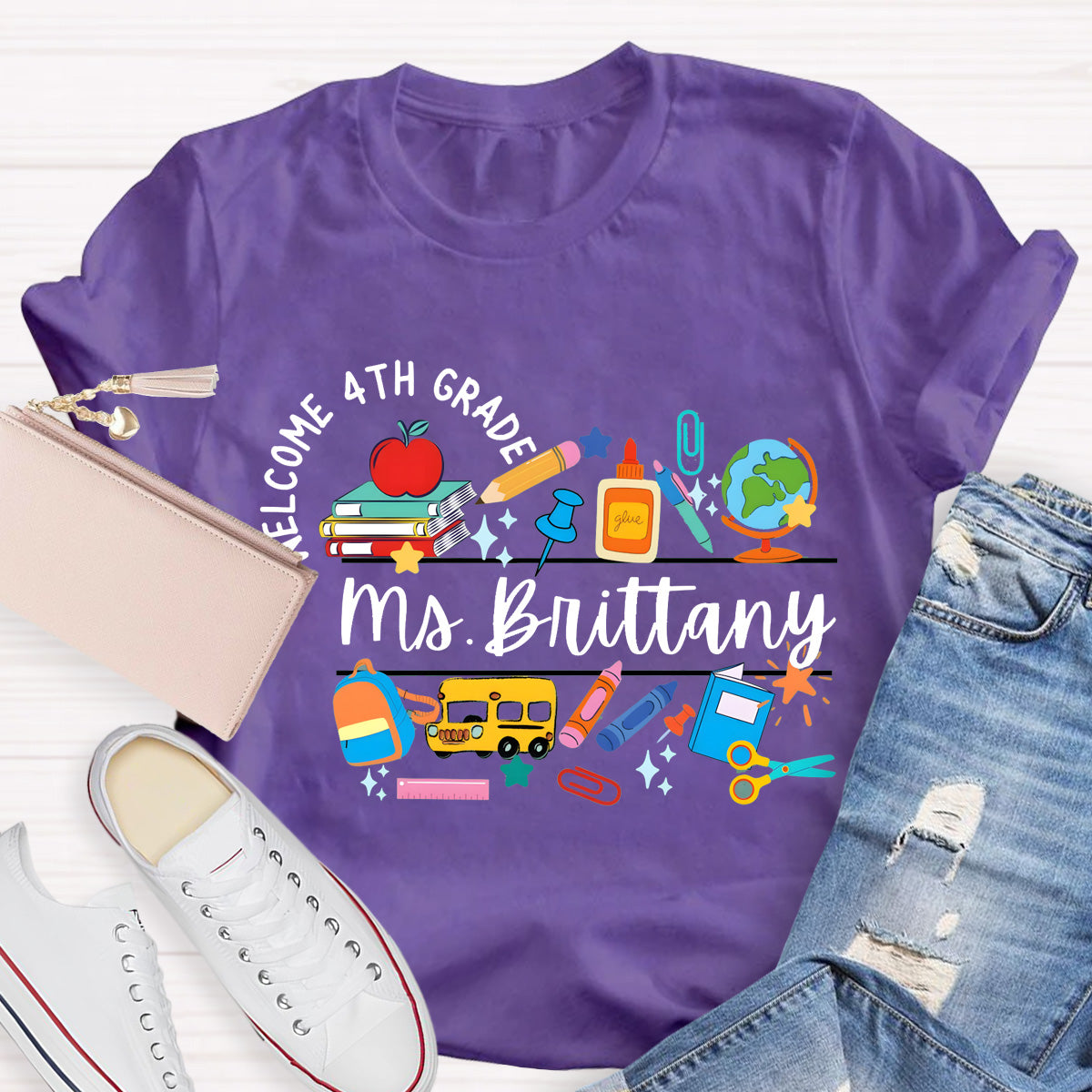 Personalized Grade And Name Welcome 4th Grade Teacher T-Shirt
