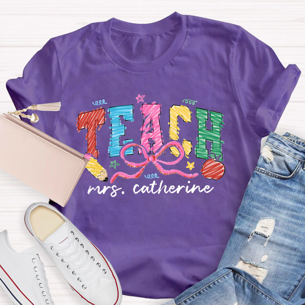 Personalized Name Teach Apple Teacher T-Shirt