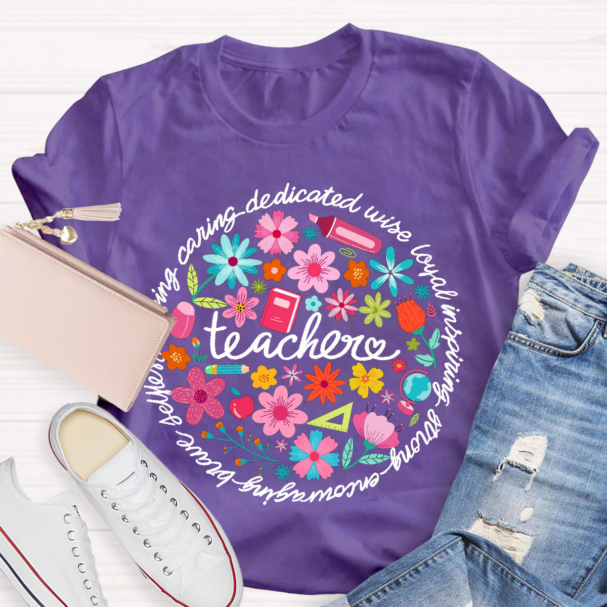 Loving Caring Dedicated Floral Teacher T-Shirt