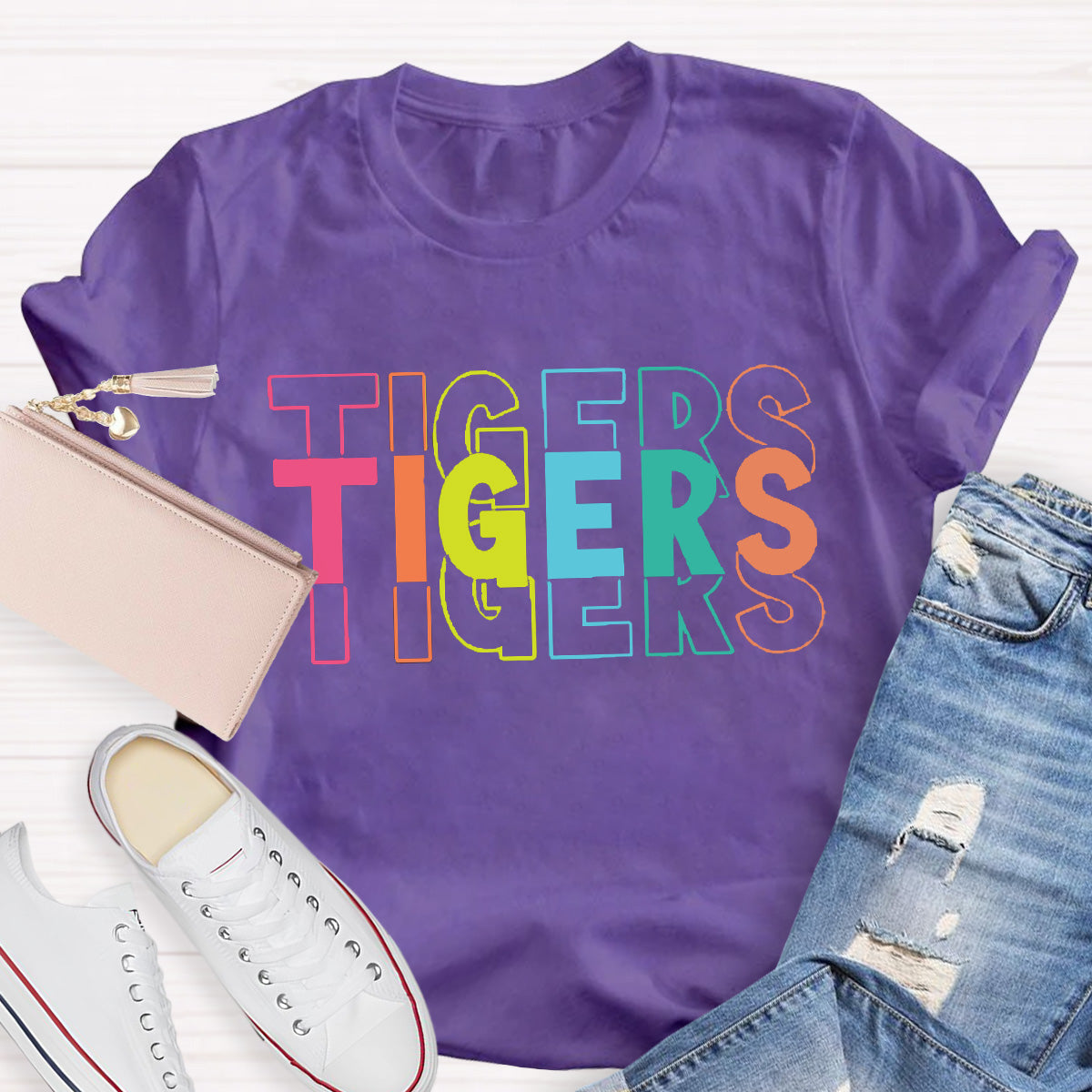 Personalized Mascot Tigers Colorful Letters Teacher T-Shirt