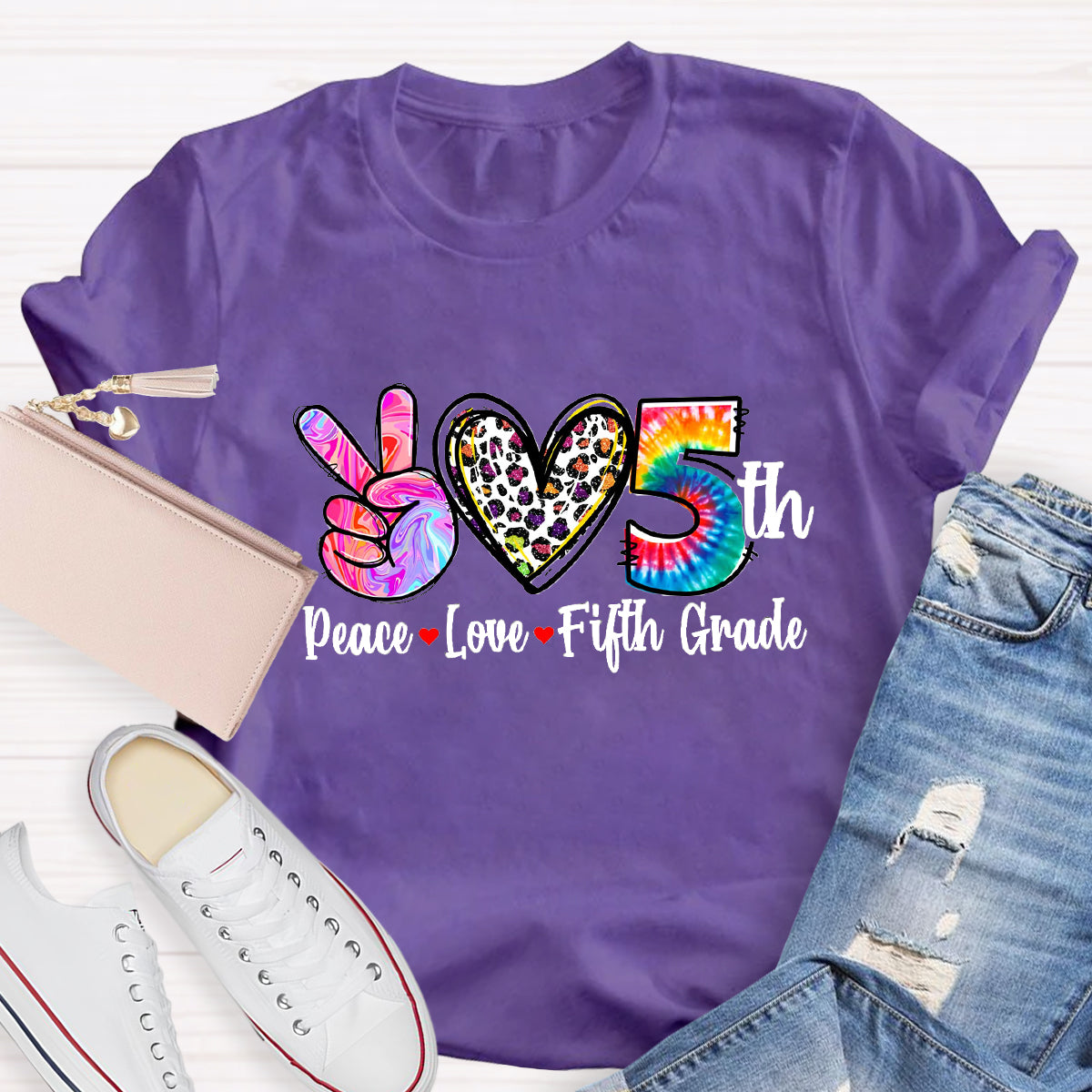 Personalized Grade Peace Love 5th Grade Teacher T-Shirt