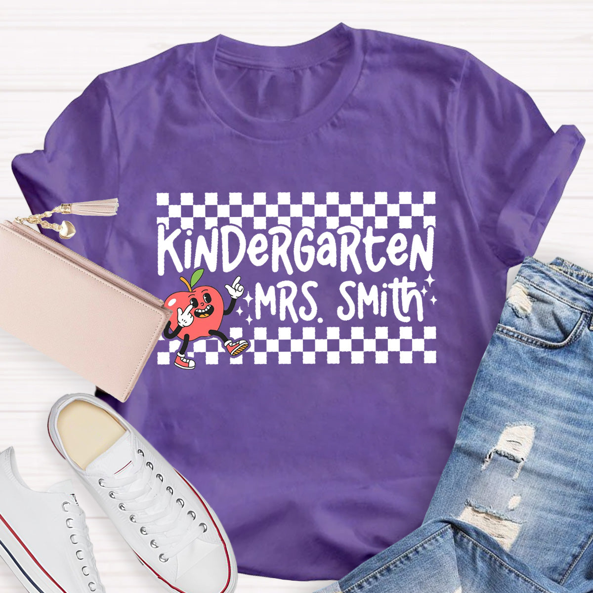 Personalized Grade And Name Chessboard pattern Apple Teacher T-Shirt
