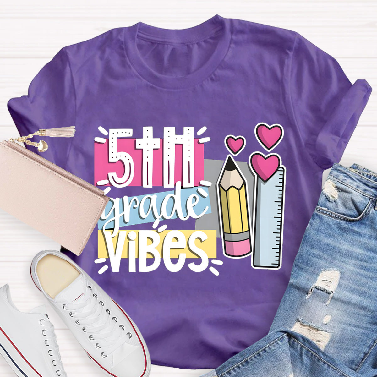 Personalized Grade 5th Grade Vibes Teacher T-Shirt