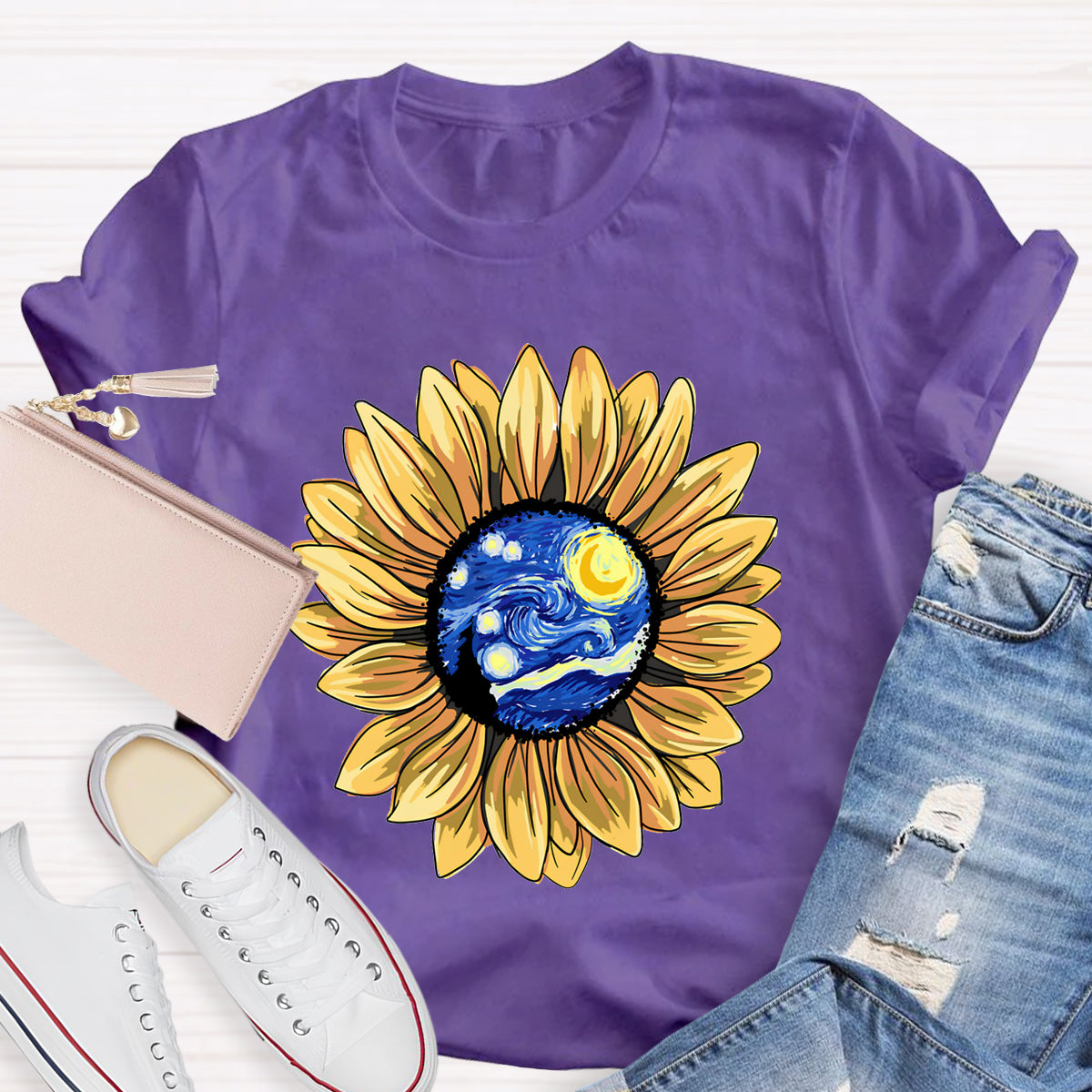 Starry Sky Art Sunflower Teacher T-Shirt