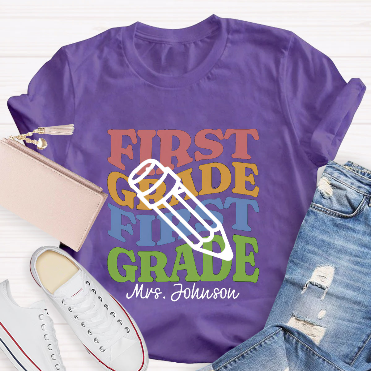 Personalized Teacher Grade And Name Pencil Back To School T-Shirt