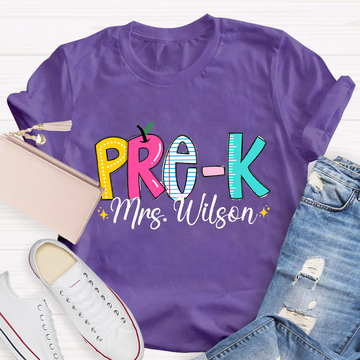 Personalized Grade And Teacher Name Apple Ruler Printed T-Shirt