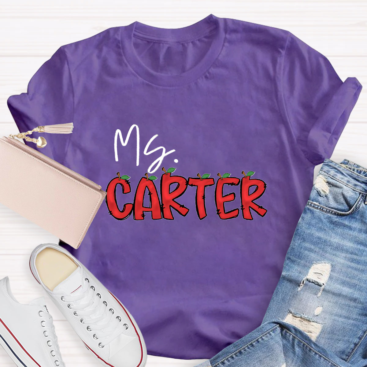 Personalized Teacher's Name Red Apple Letter T-Shirt