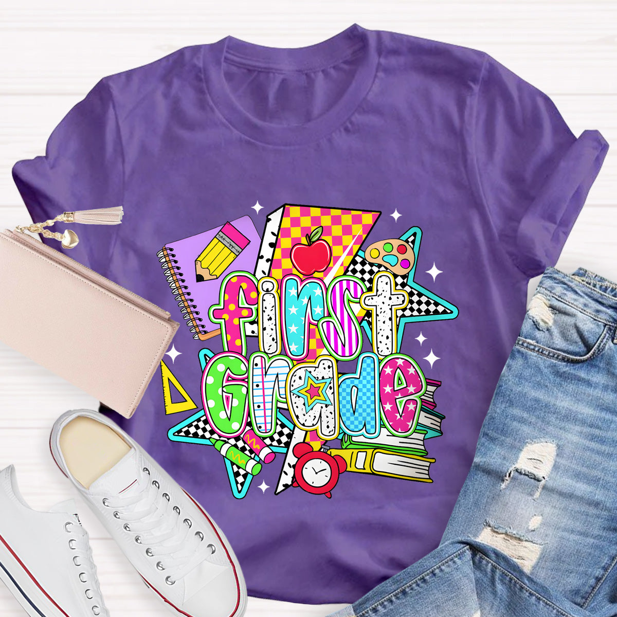 Personalized Grade First Grade Teacher Books Pencil T-Shirt