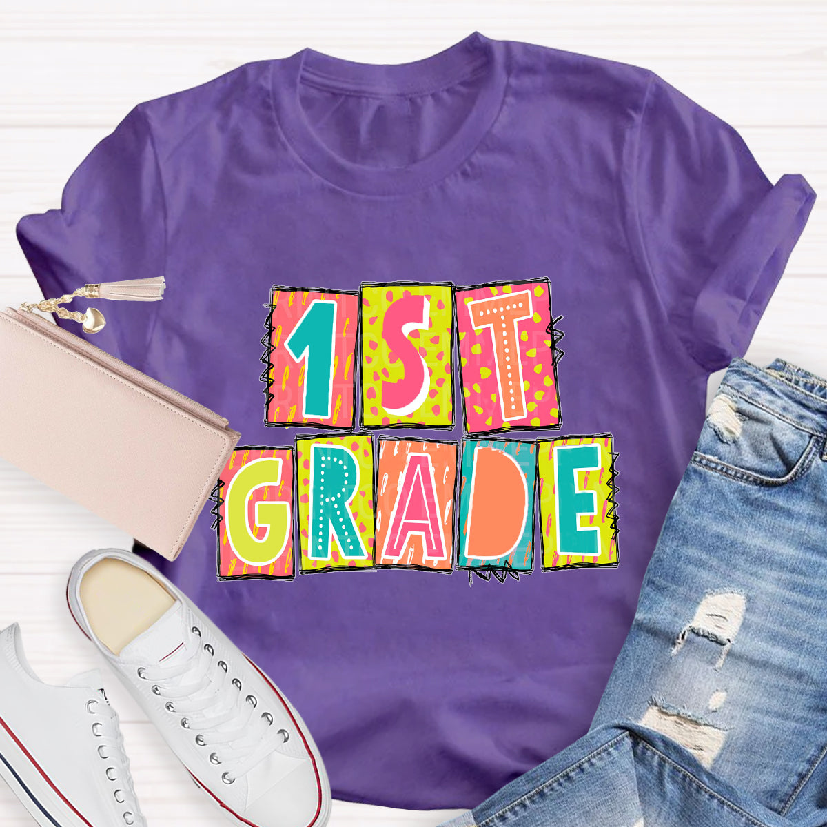Personalized Grade Personalized Color Block 1st Grade Teacher T-Shirt