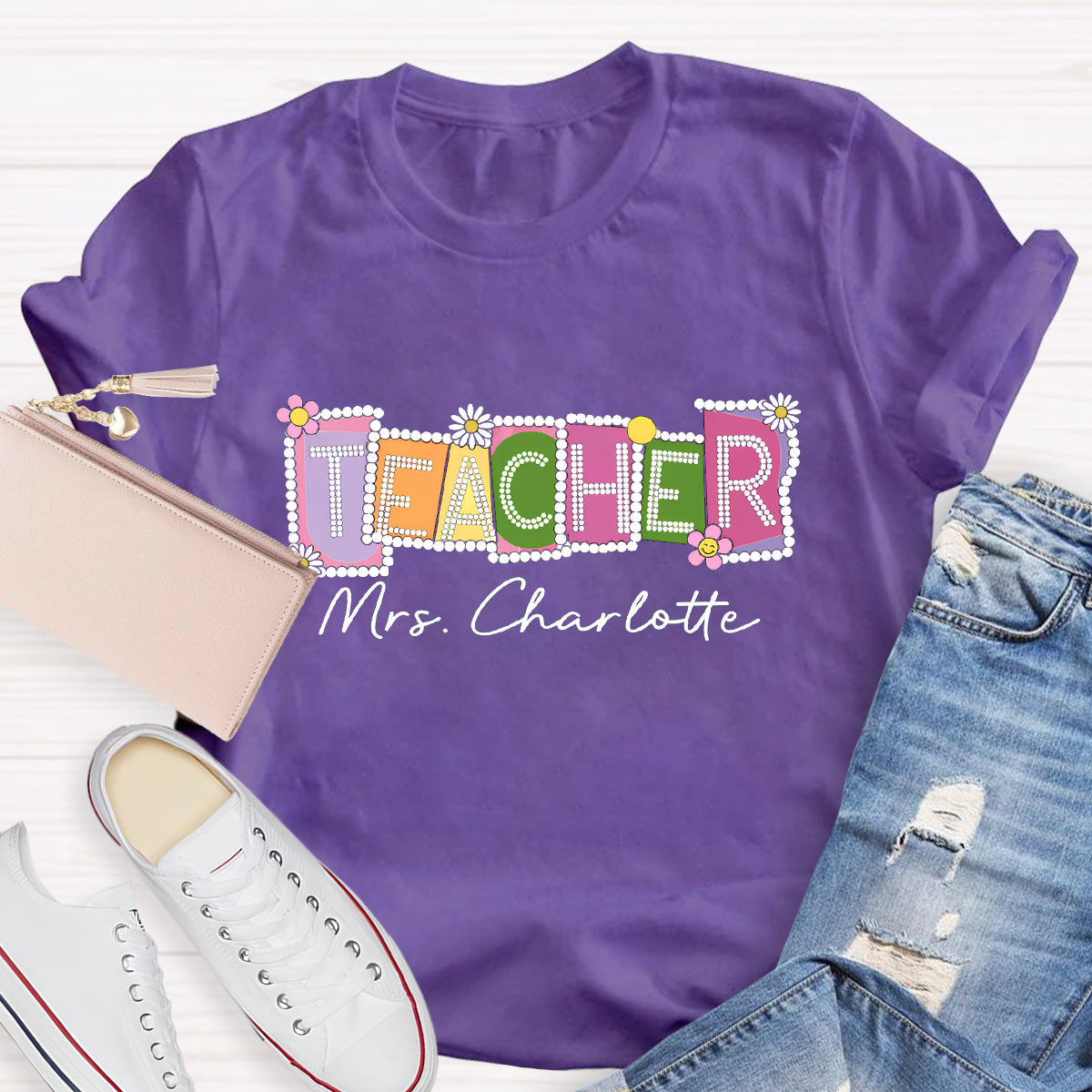 Personalized Teacher Name Contrasting Flowers T-Shirt