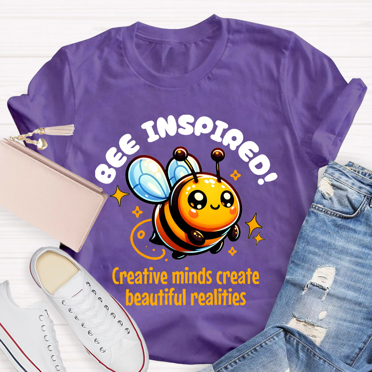Bee Inspired Creative Minds Create Beautiful Realities Teacher T-Shirt