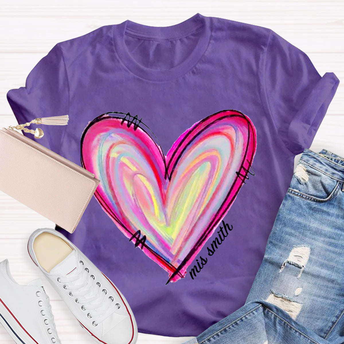 Personalized Name Art Painted Heart Teacher T-Shirt