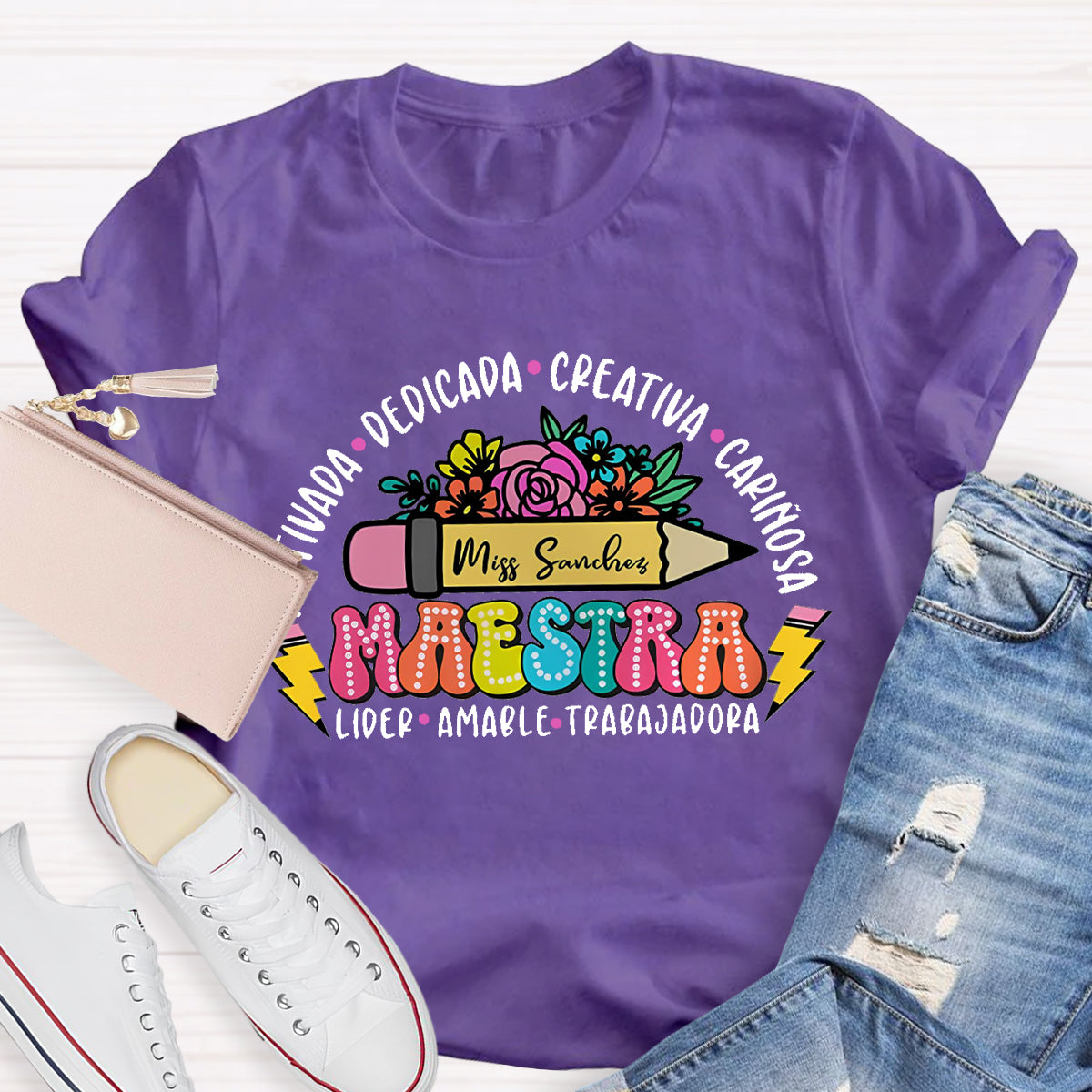 Personalize Name Maestra Pencil Teacher T-Shirt