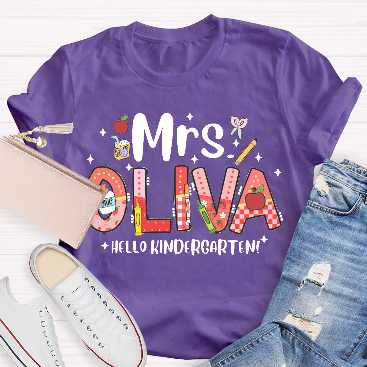 Personalized Name Hello Kindergarten Teacher T-Shirt