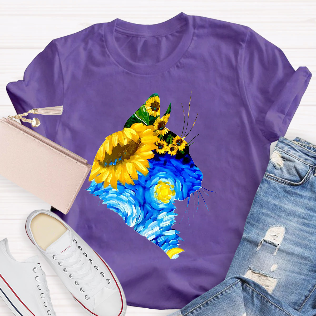 Art Sunflower Cat Teacher T-Shirt