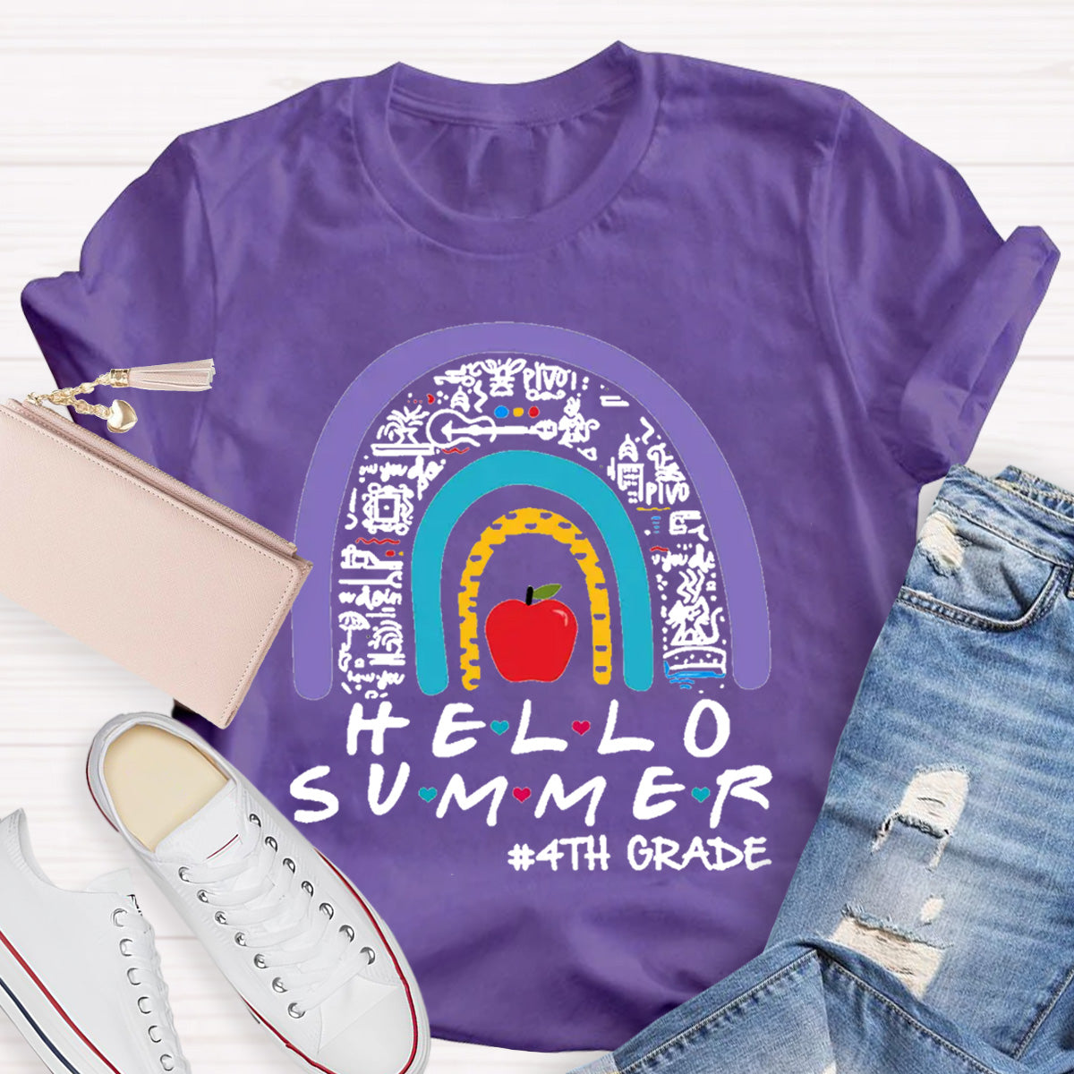 Personalized Grade Hello Summer Apple Rainbow Teacher T-Shirt
