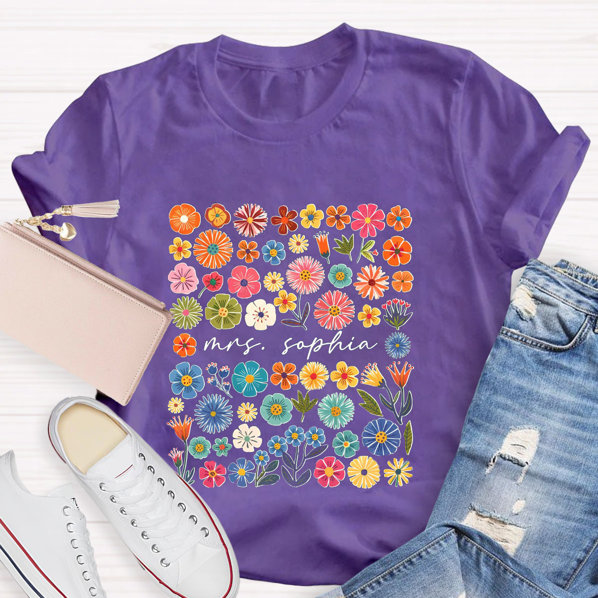 Personalized Name Pink Flowers Teacher T-Shirt