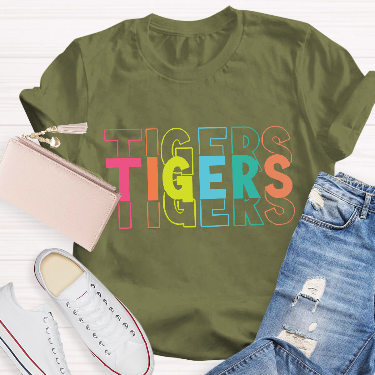 Personalized Mascot Tigers Colorful Letters Teacher T-Shirt