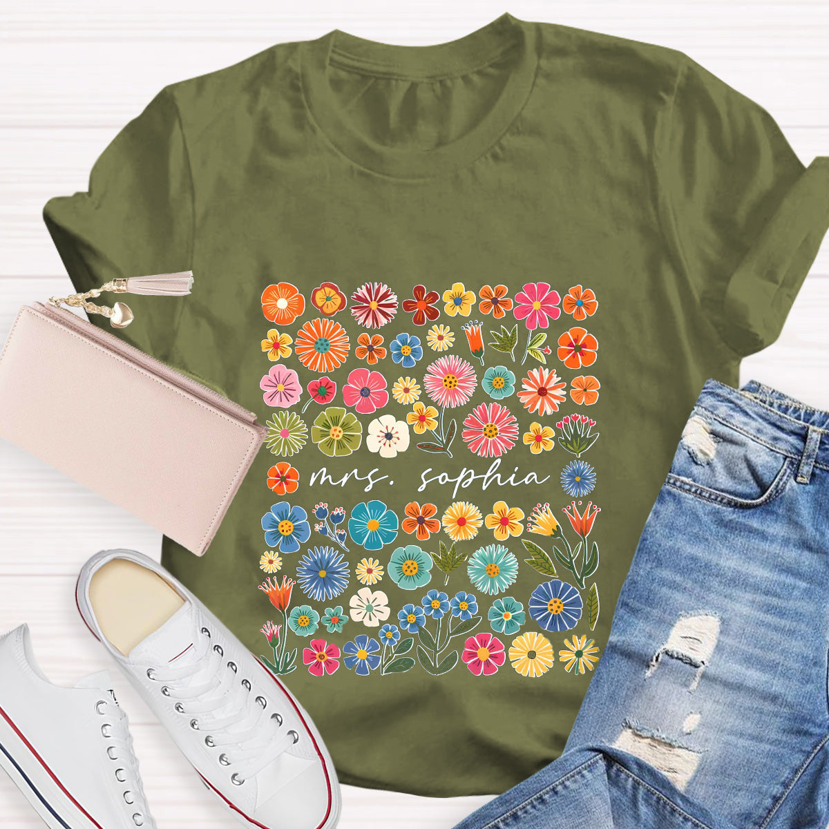 Personalized Name Pink Flowers Teacher T-Shirt