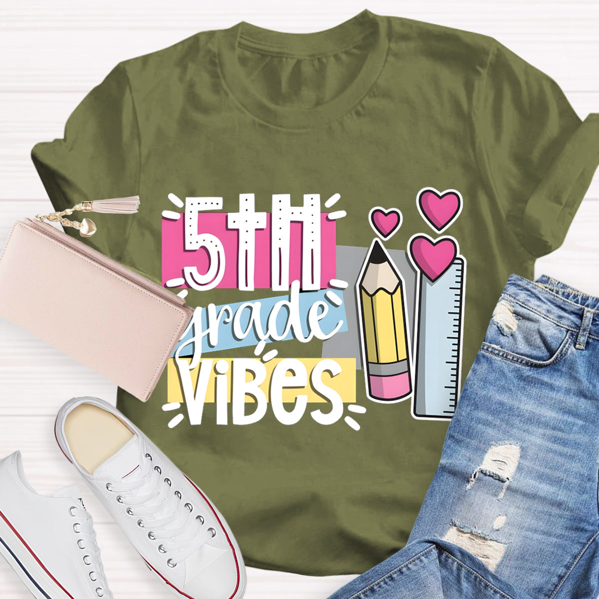 Personalized Grade 5th Grade Vibes Teacher T-Shirt