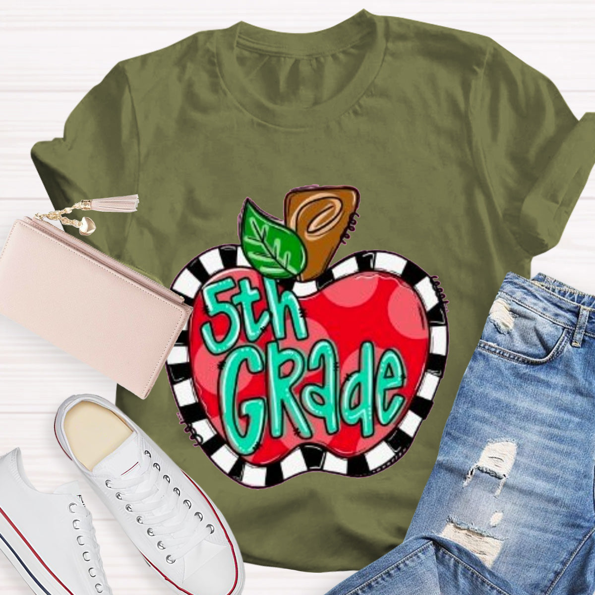 Personalized Grade Teacher Color Block Apple Printed T-Shirt