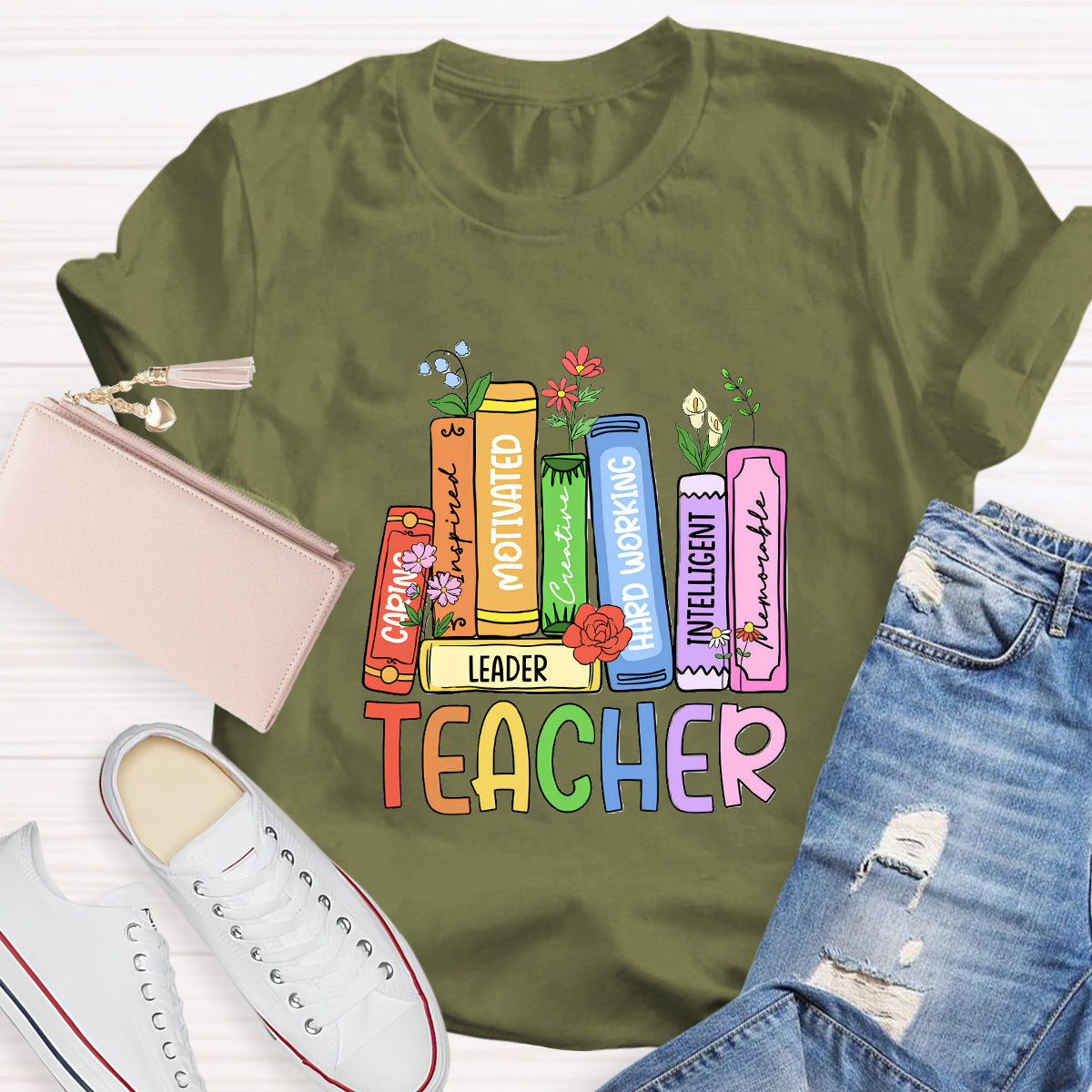 Caring Motivated Floral Books Teacher T-Shirt