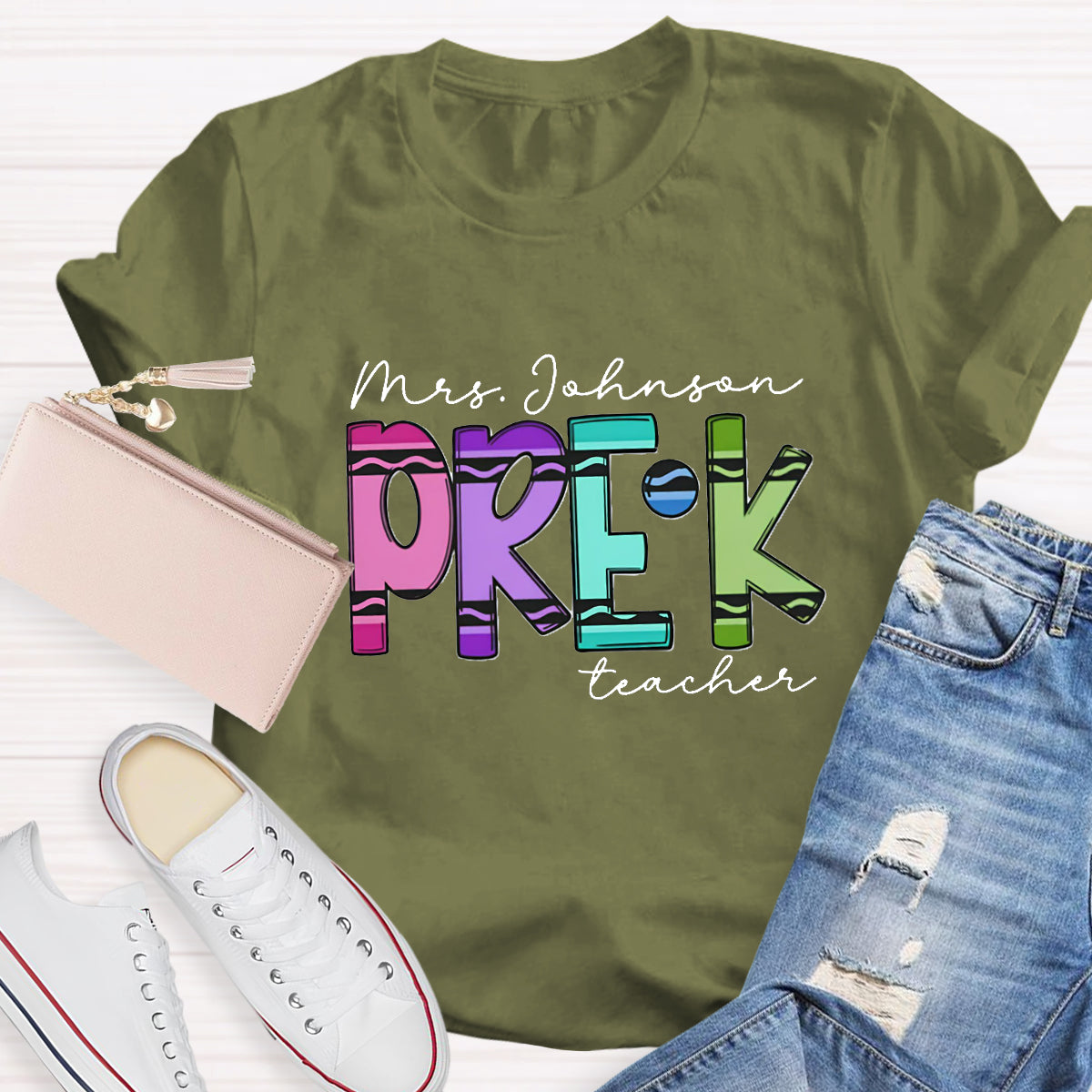 Personalized Grade And Name Crayon Teacher T-Shirt