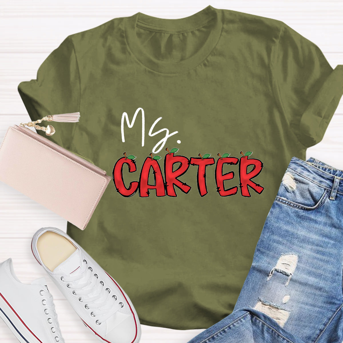 Personalized Teacher's Name Red Apple Letter T-Shirt