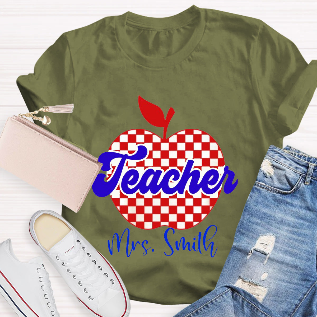 Personalized Name Red Apple Teacher T-Shirt