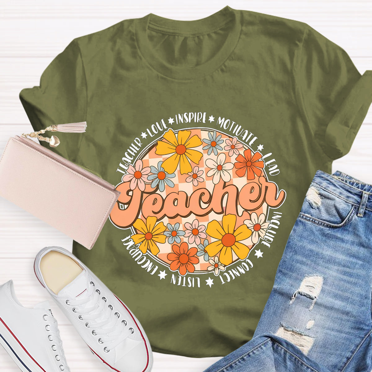 Love Motivate Inspire Floral Teacher T-Shirt