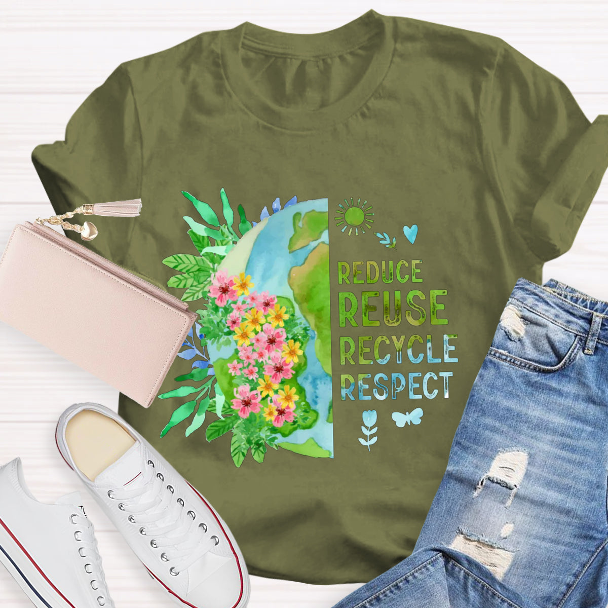Recycle Respect Flower Planet Earth Day T-Shirt