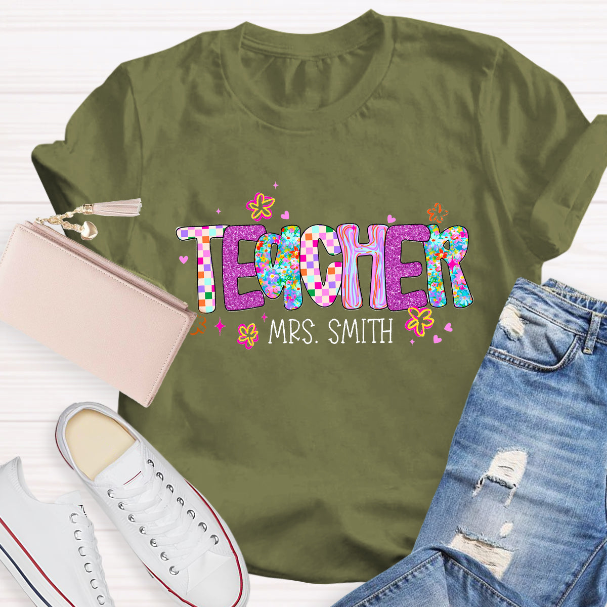 Personalized Teacher Name Pink Plaid T-Shirt
